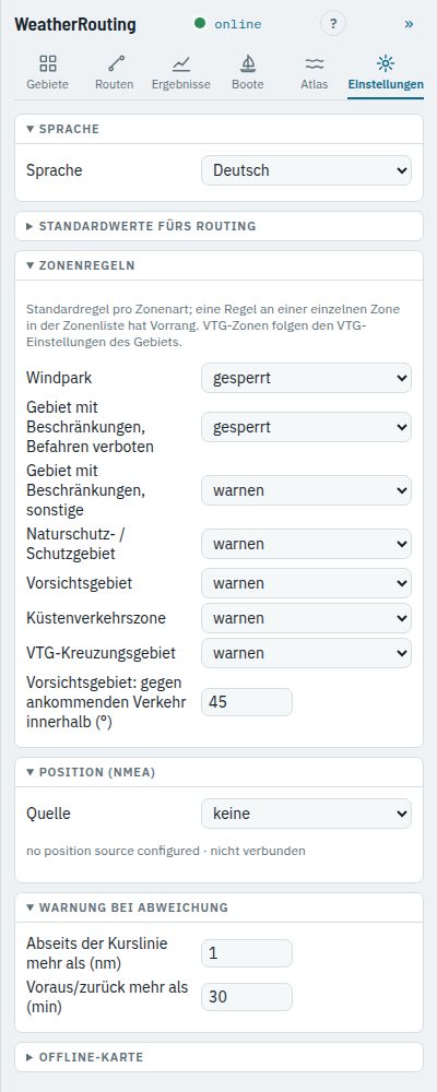 Die Abschnitte Zonenregeln, Position (NMEA) und Warnung bei Abweichung