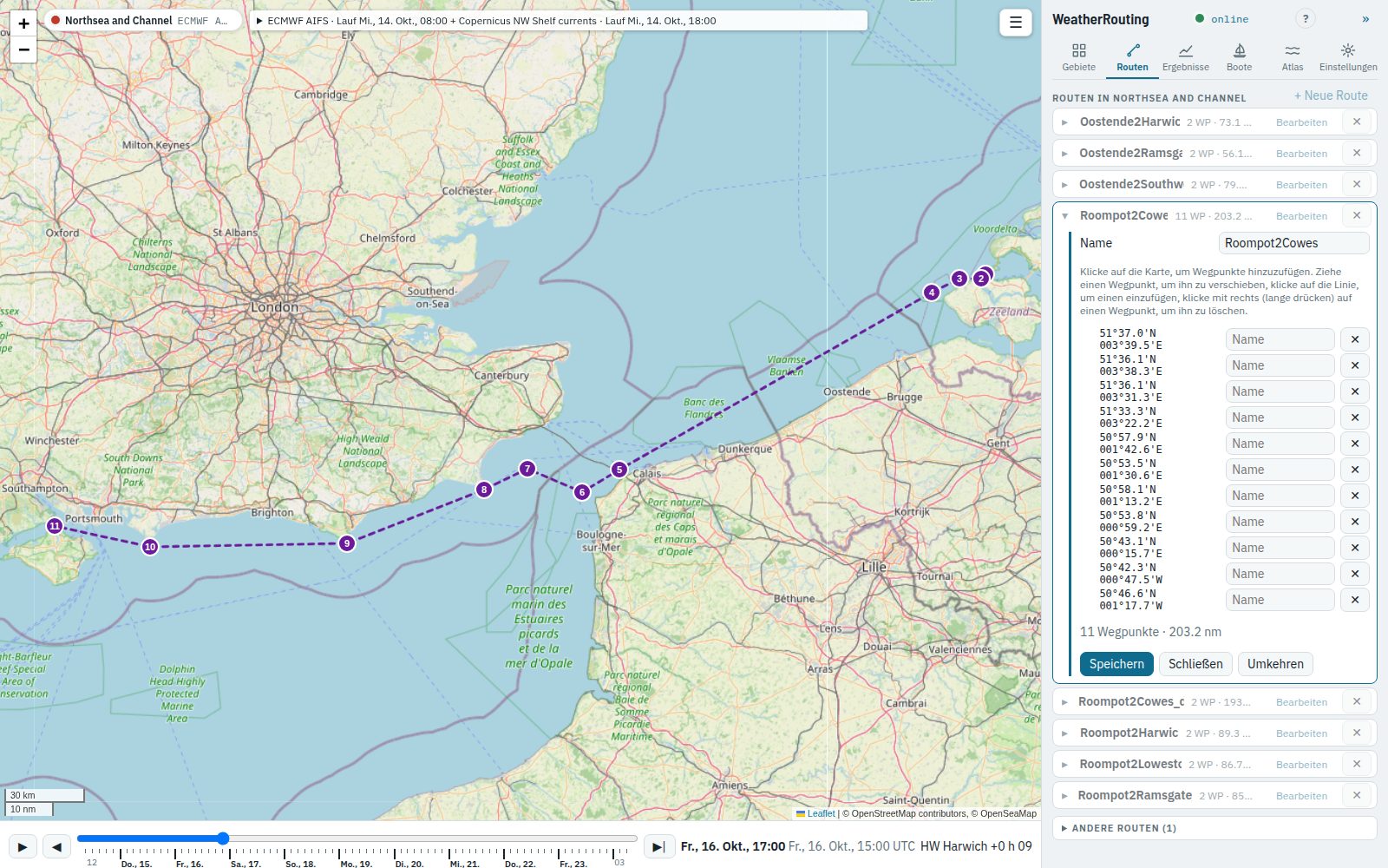 Die Route Roompot2Cowes im Editor geöffnet