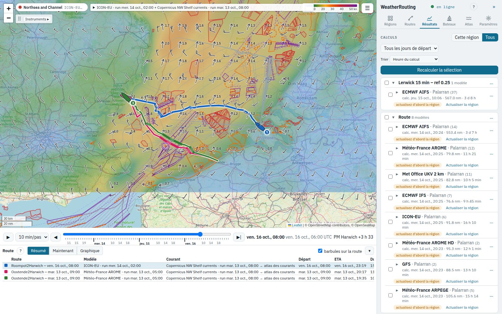 Trois routes sur la carte, chacune de sa couleur