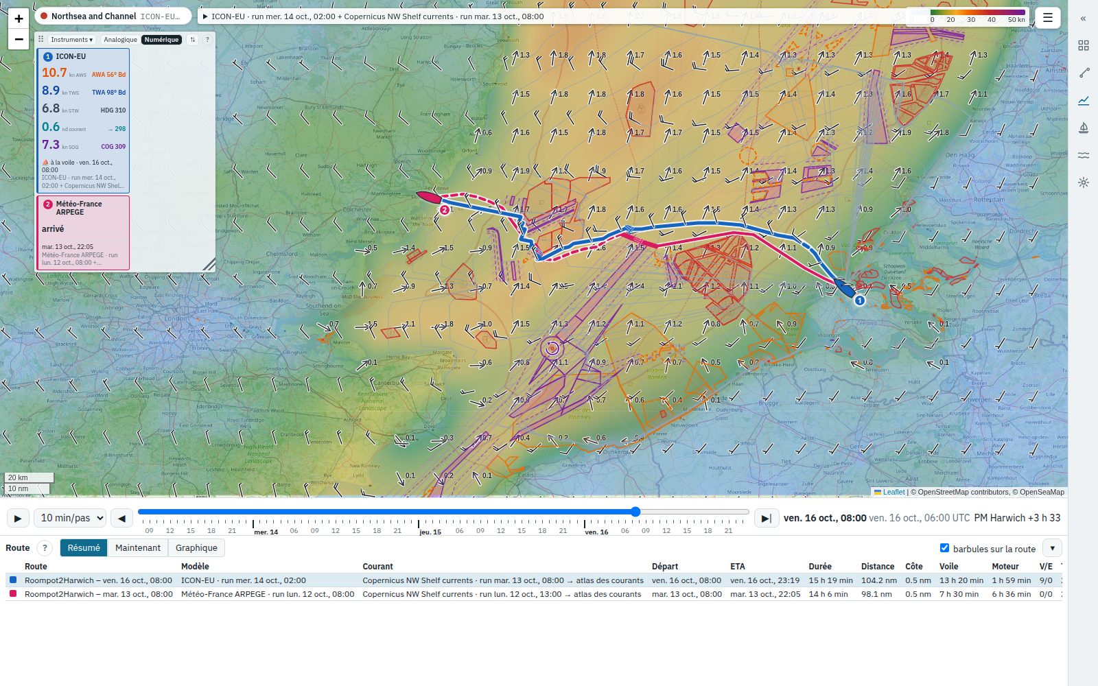 L'application avec le panneau latéral replié et les instruments de deux routes empilés en chiffres