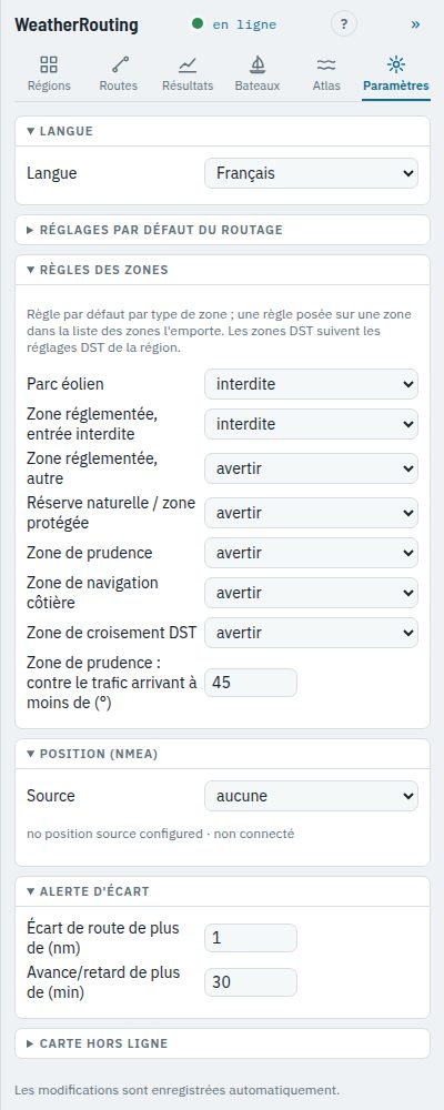 Les sections Règles des zones, Position (NMEA) et Alerte d'écart