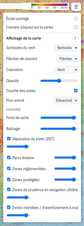 Le menu de la carte ☰, ouvert