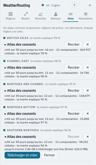 L'onglet Atlas, avec la taille du téléchargement affichée avant une recréation
