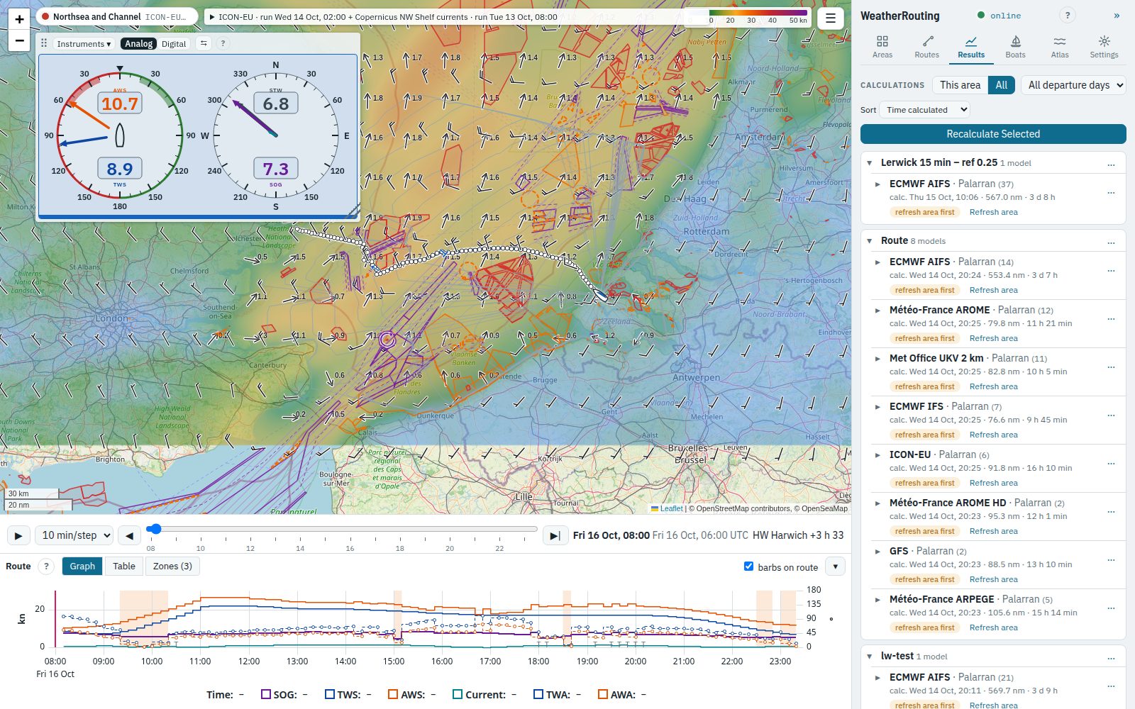 The WeatherRouting window: map with instruments and time bar, route panel below, side panel on the right