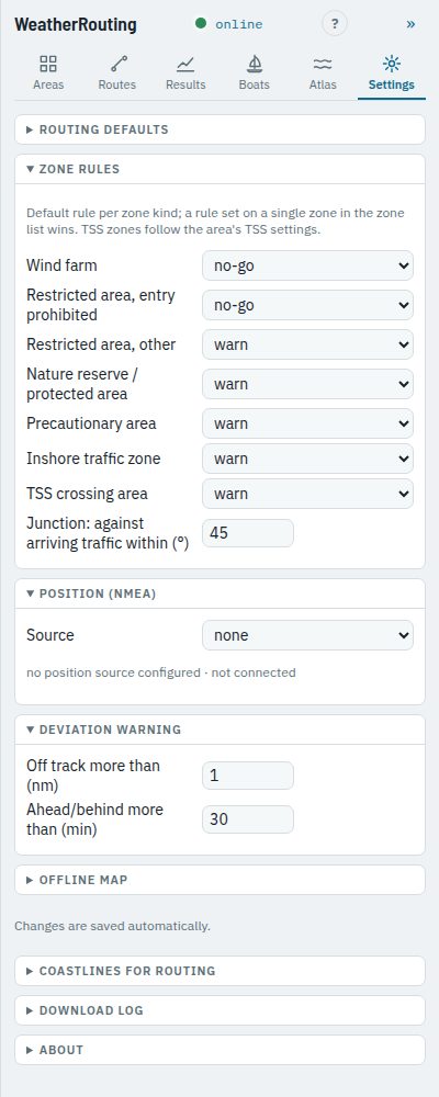 The sections Zone rules, Position (NMEA) and Deviation warning