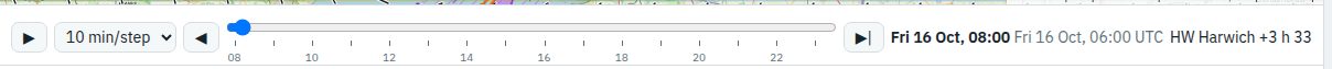 The time bar with play, step menu, step buttons, slider and the time