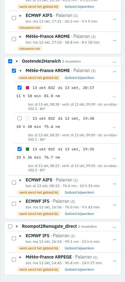 Het tabblad Resultaten: routes, weermodellen en berekeningen