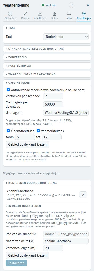 De onderdelen Offline kaart en Kustlijnen voor de routering