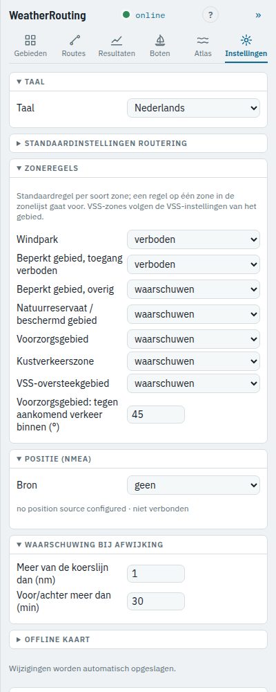 De onderdelen Zoneregels, Positie (NMEA) en Waarschuwing bij afwijking