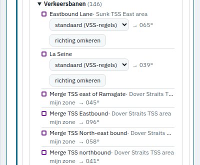 De verkeersbanen in de zonelijst